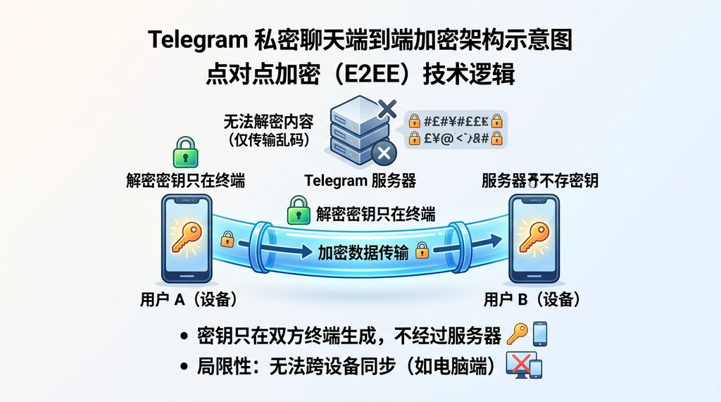 一个简单的信息传输架构示意图，展示了两个用户终端通过加密隧道直接传输数据，而服务器处于加密隧道之外