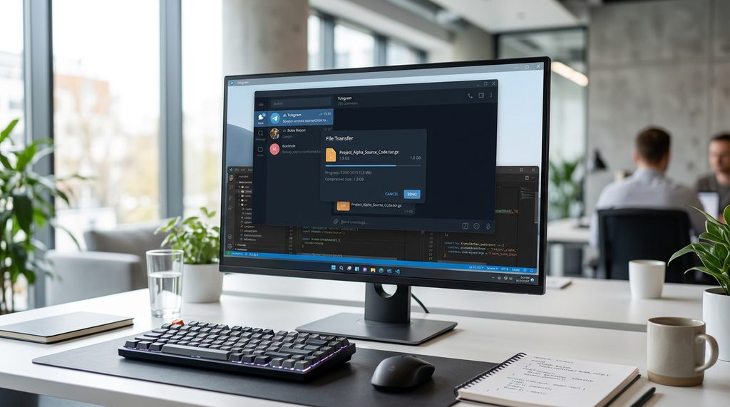 一个现代化的办公桌面，屏幕上显示着Telegram桌面版界面，正在传输大型代码文件，光影明亮自然