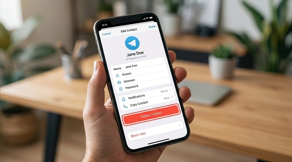 一部智能手机屏幕显示的 Telegram 联系人编辑页面，红色删除按钮清晰可见