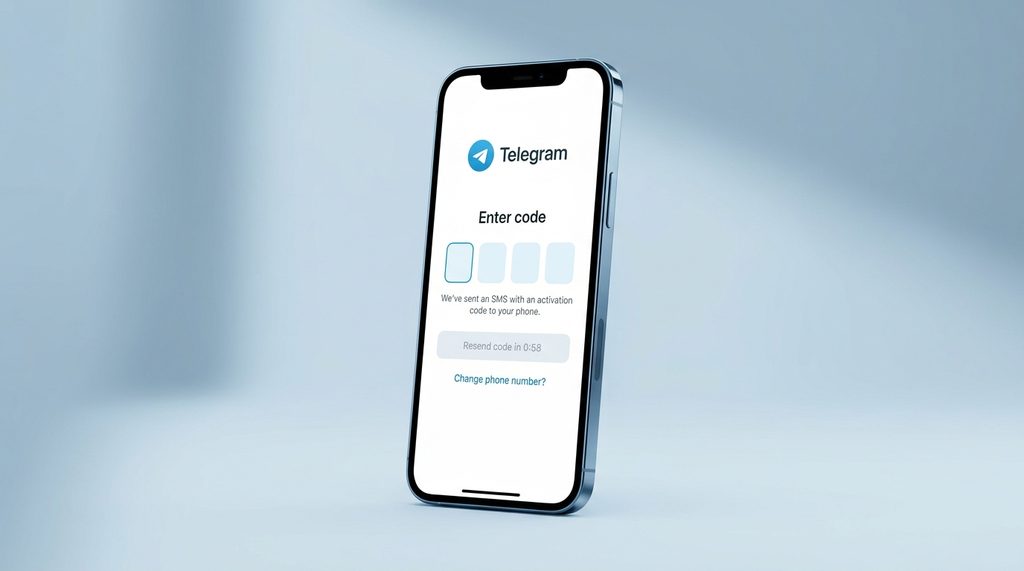 一部智能手机显示 Telegram 注册界面，输入验证码的输入框清晰可见，背景为简洁的纯色调