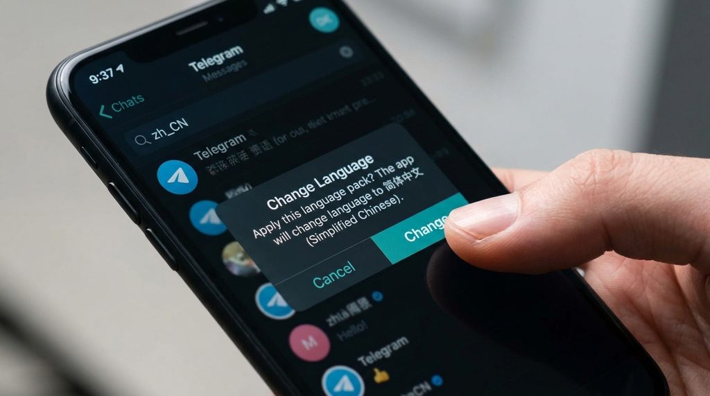 智能手机界面显示Telegram语言包切换弹窗，手指正在点击Change按钮，背景为深色模式界面