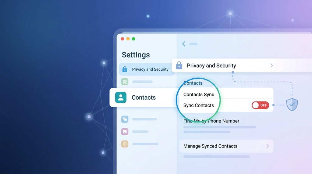 Telegram隐私设置界面的截图，重点标注Privacy and Security下的Contac