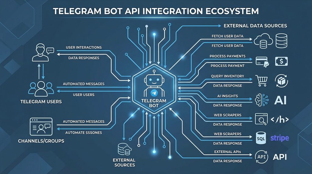 示意图，展示 Telegram Bot API 与外部数据源连接的流程逻辑，简洁的科技线条风格