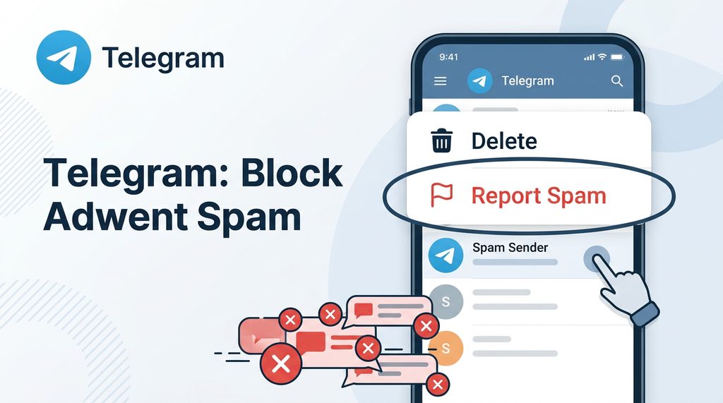 用户在Telegram手机端长按对话框，弹出举报和删除选项的操作示意图，风格现代且清晰