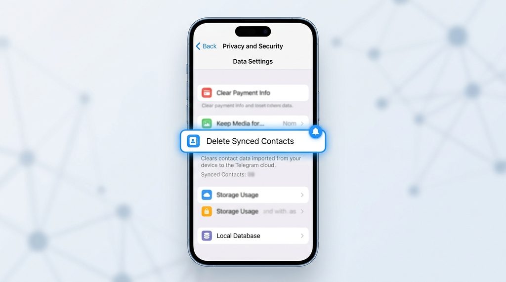 Telegram 设置菜单中隐私与数据选项的界面截图，突出显示删除已同步联系人的按钮