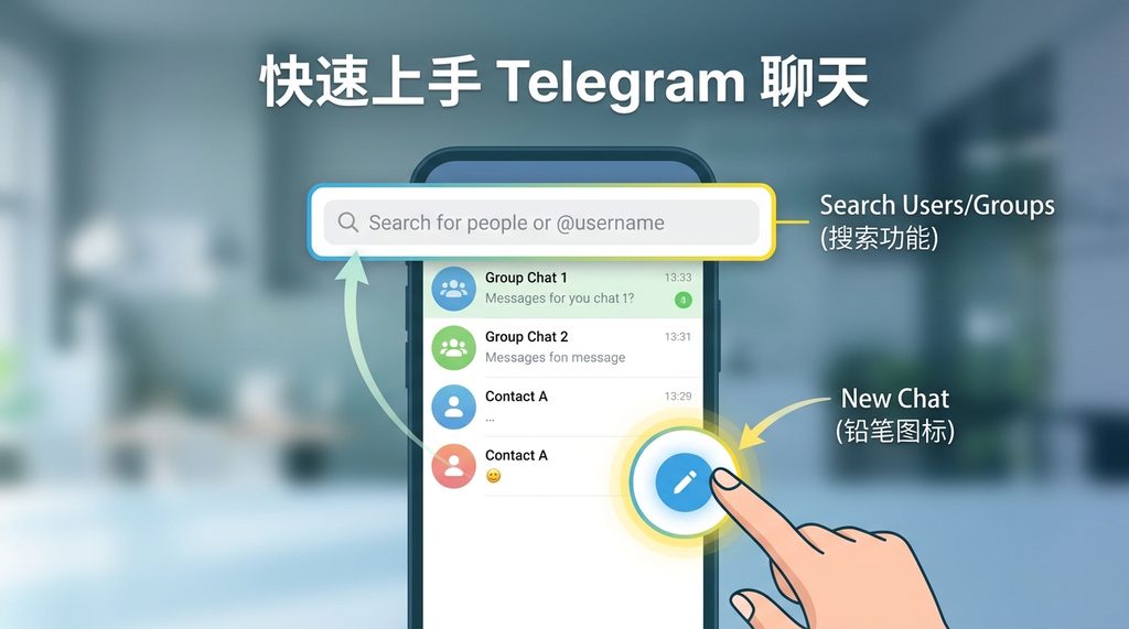 Telegram 应用界面的操作演示，突出显示右下角的蓝色铅笔图标及搜索功能