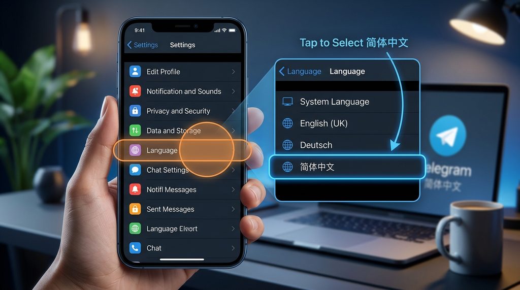 Telegram设置菜单中语言选项列表的截屏，标注出Language和简体中文选项的交互区域