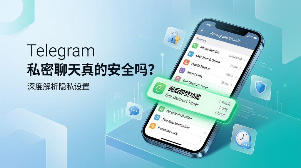 智能手机截图，展示 Telegram 设置菜单中隐私与安全界面的具体选项，高亮显示阅后即焚功能