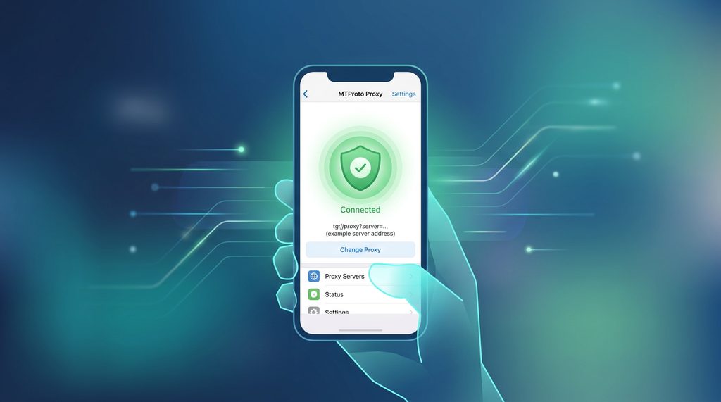 一个极简风格的手机界面，屏幕上显示着 Telegram 代理设置成功后的绿色盾牌图标，背景是模糊的科