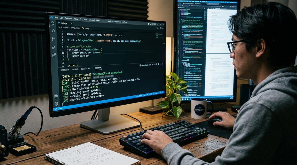 一个程序员的工作台，显示器上运行着 Python 代码，终端里跳动着 Telegram API 成功