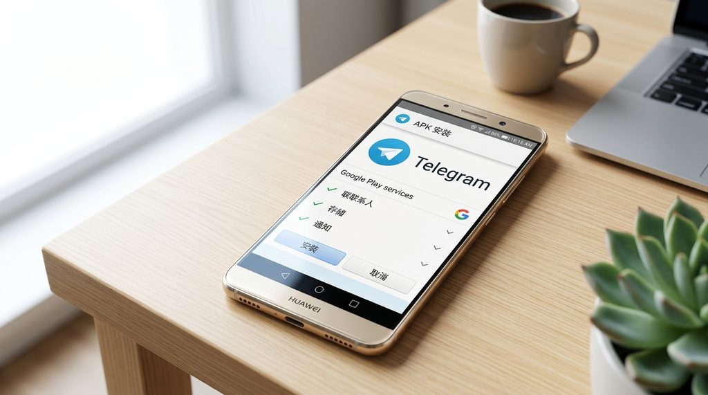 一部国产智能手机屏幕上显示Telegram安装界面,界面简洁明了,无任何谷歌插件图标,光线明亮,办公