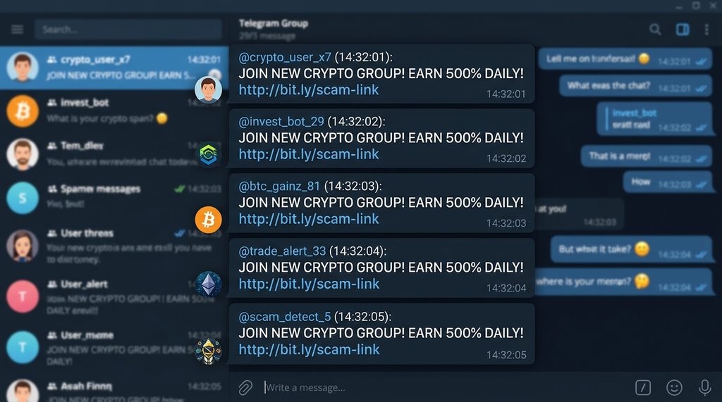 展示一张Telegram群组聊天记录截图，其中显示多个陌生账户在短时间内发布完全相同的诈骗广告，画面