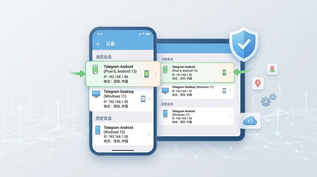 Telegram设置界面中设备管理选项的截图，显示活跃会话列表和对应设备型号