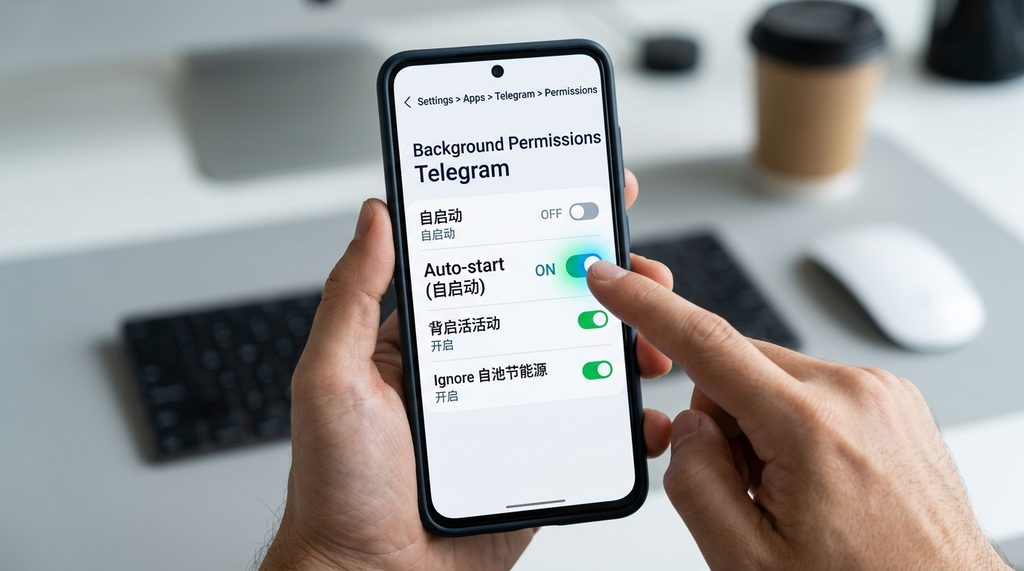 手机设置菜单中,Telegram后台权限设置页面的特写,手指正点击开启自启动选项,界面清晰