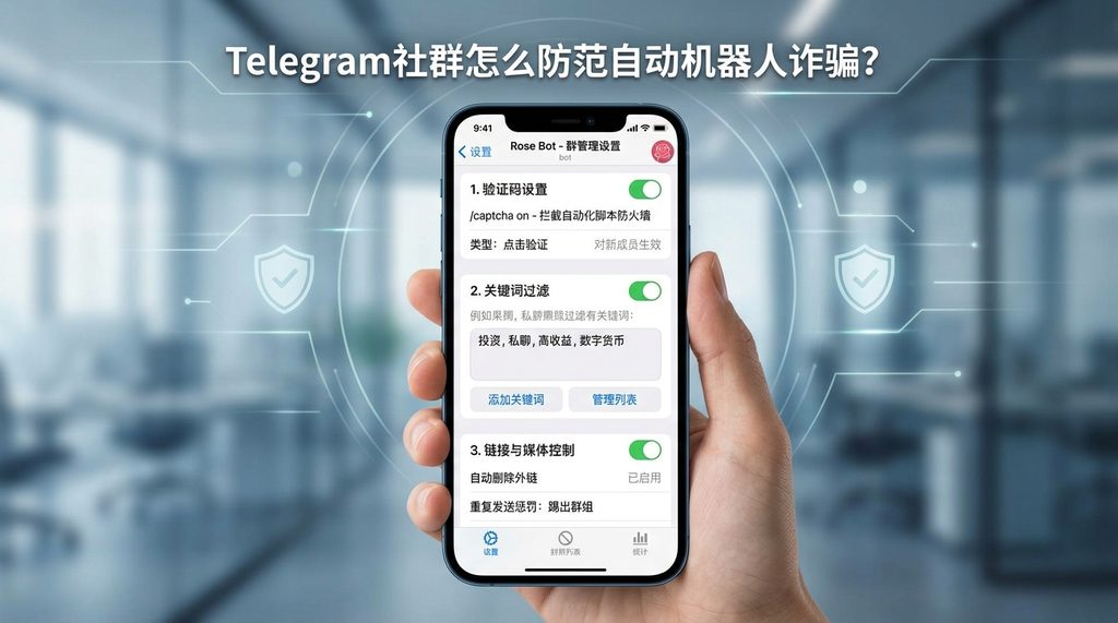 Telegram群管理机器人Rose设置界面的手机屏幕截图，显示关键词过滤和验证码配置选项，界面简洁