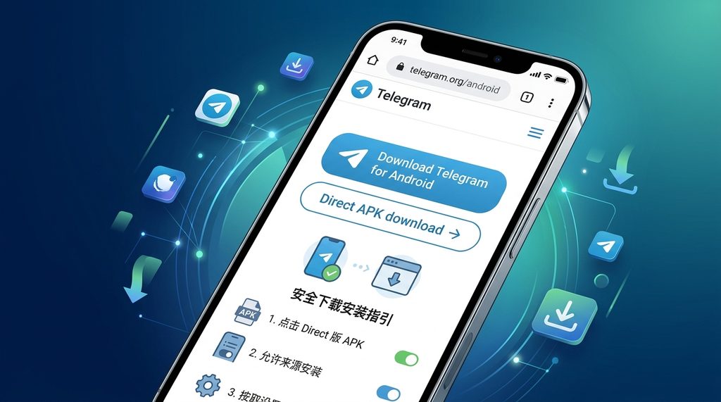 手机浏览器访问 Telegram 官网下载页面，展示 APK 下载按钮和安装说明的清晰截图