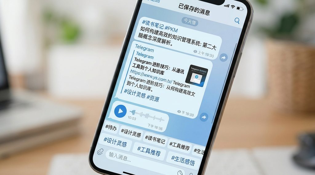 手机屏幕显示Telegram个人收藏夹界面，底部输入框上方带有多个标签按钮，界面简洁明了