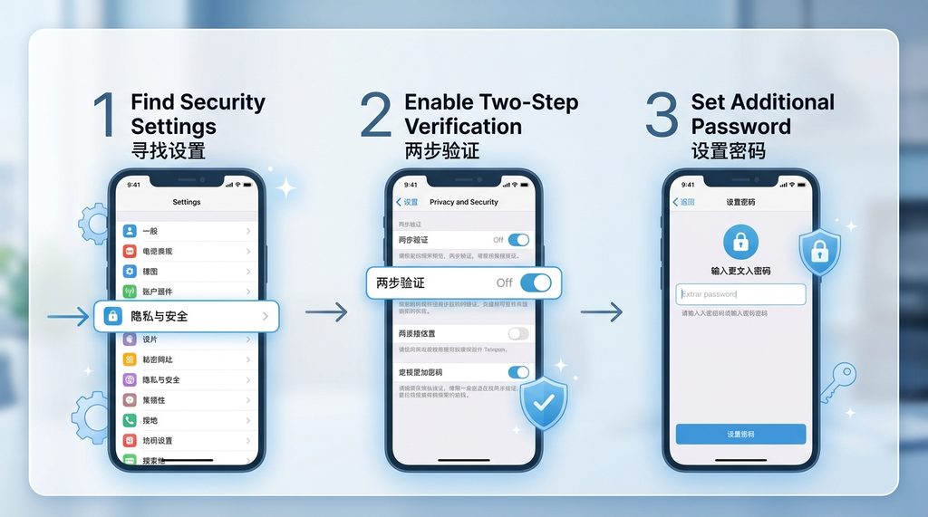 Telegram 设置界面中两步验证功能的开启步骤演示，简洁直观的 UI 设计