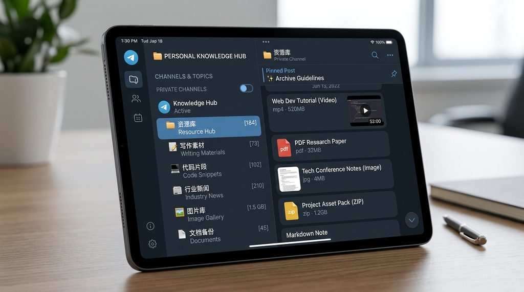 平板电脑显示的Telegram频道管理界面，左侧栏清晰展示了多个分类话题，右侧为具体的内容流