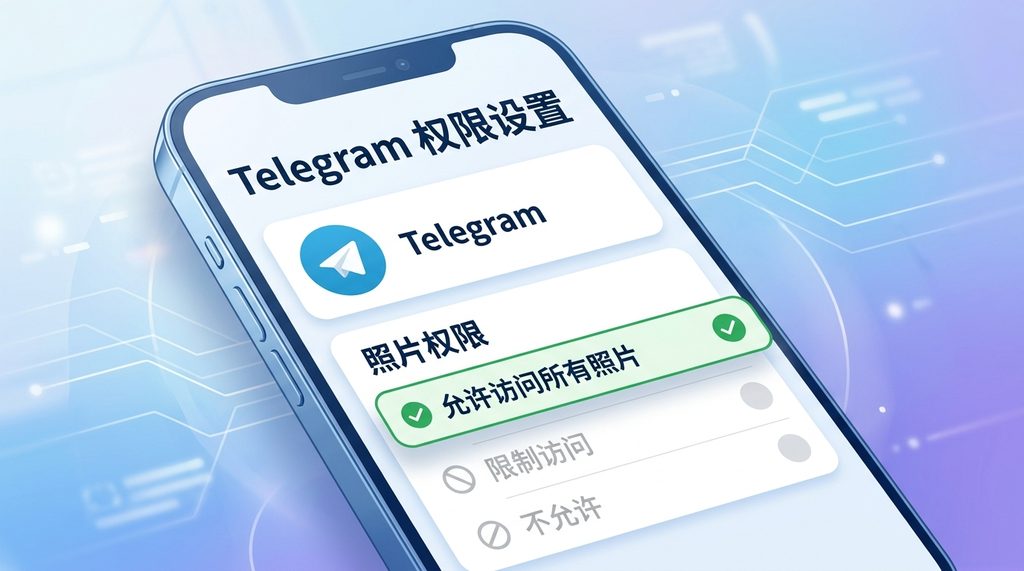 手机隐私权限设置页面，清晰展示Telegram的应用权限授权界面，勾选“允许访问所有照片”