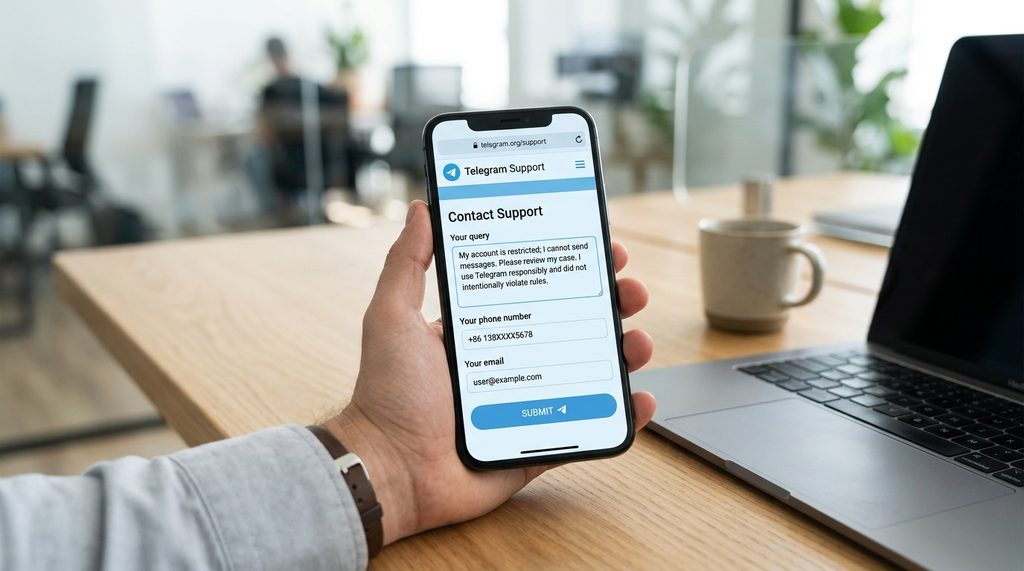 一部智能手机显示Telegram官方申诉界面的网页，屏幕上清晰地展示着反馈表单和提交按钮，背景是干净