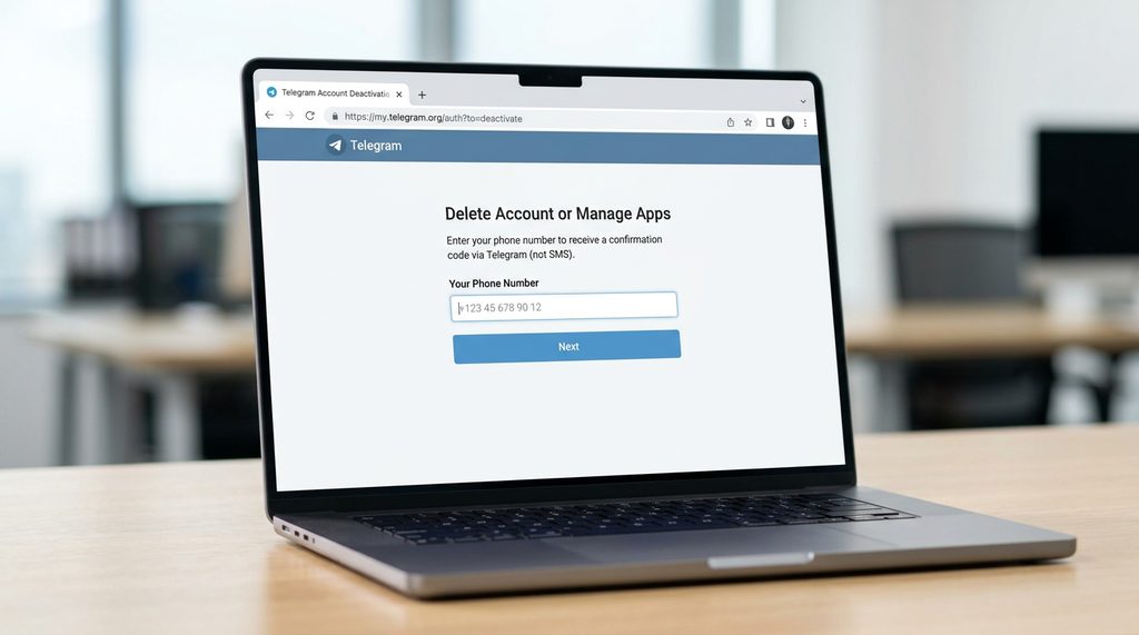 电脑浏览器显示 Telegram 官方注销页面的截图，背景简洁，输入框清晰