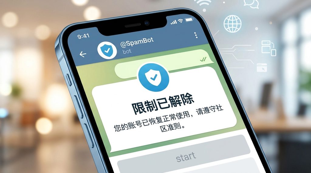 手机屏幕显示Telegram机器人@SpamBot的聊天界面，显示“限制已解除”的消息通知，图标风格