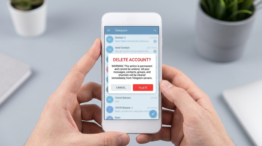 用户在手机上操作界面，展示确认删除账户的警告弹窗，极简主义设计风格