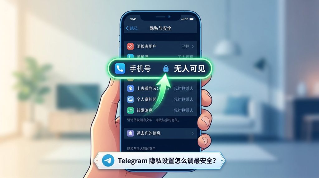 一部智能手机显示 Telegram 隐私设置界面，高亮显示手机号隐藏选项的截图，简洁现代风格