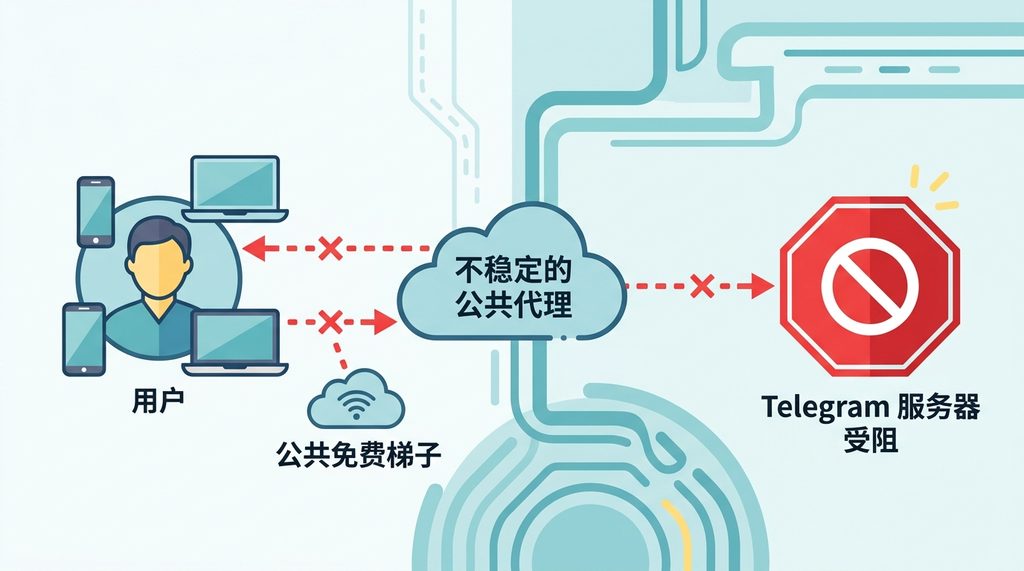 一个简化的网络拓扑图,展示用户通过不稳定的公共代理连接到 Telegram 服务器受阻的场景,扁平化