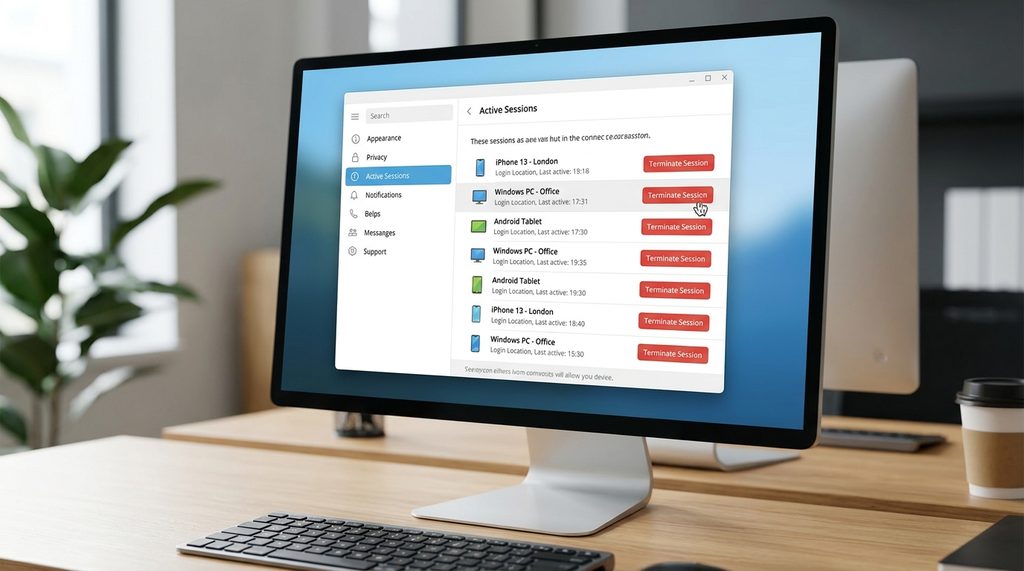 一个清晰的电脑屏幕显示 Telegram 活跃会话管理界面，显示多台设备列表并带有退出按钮的示意图