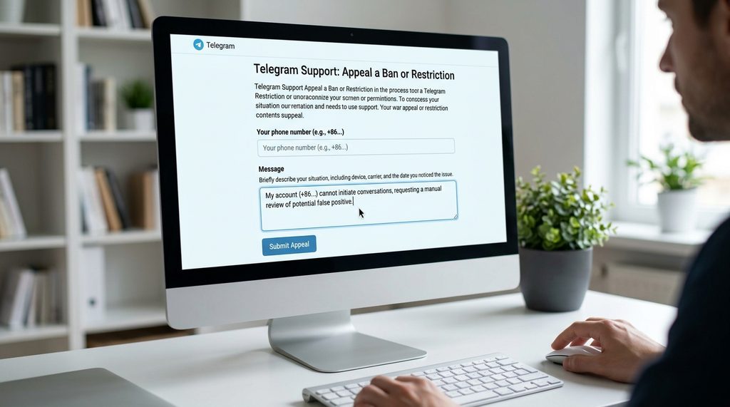 用户在电脑屏幕前操作,显示 Telegram 申诉表单页面的近景特写,强调简洁的输入框