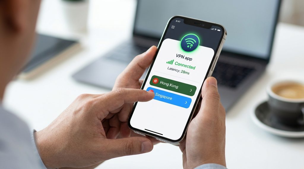 一位用户在手机上切换 VPN 节点,界面简洁明了,突出网络连接状态图标