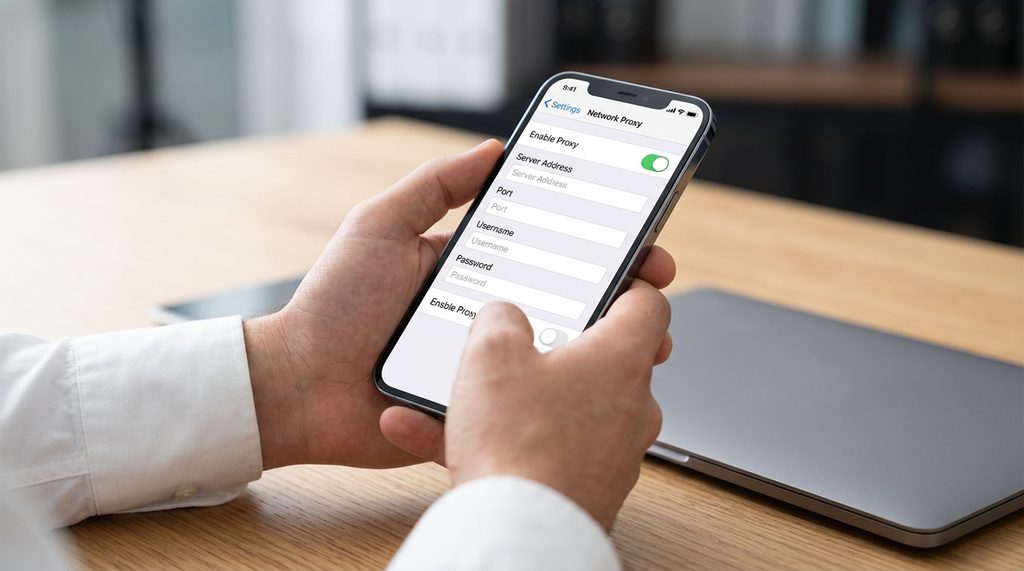 一位用户正在检查手机上的网络代理设置界面,屏幕显示连接参数配置,界面简洁明了