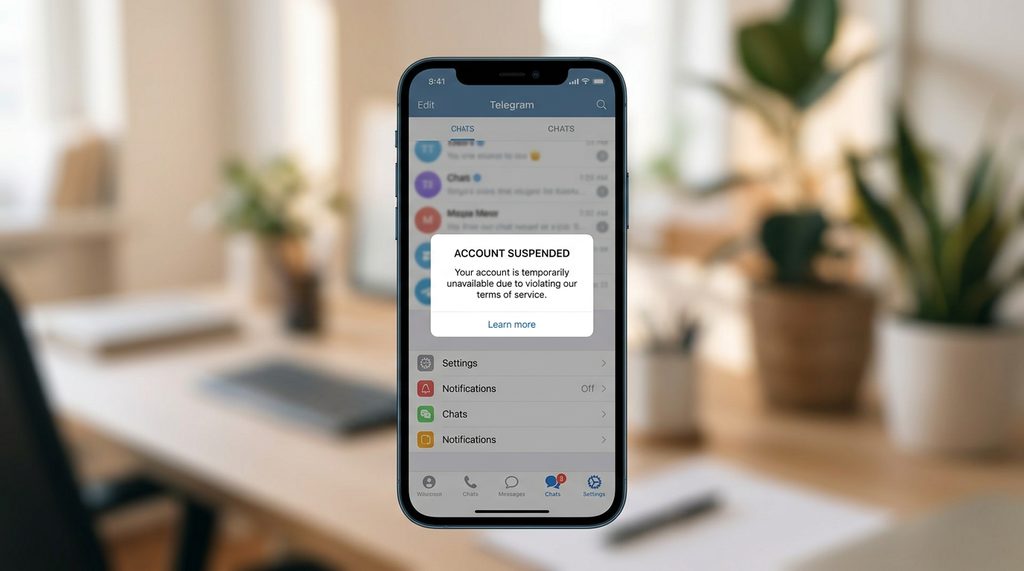 一张展示 Telegram 封号弹窗的手机屏幕照片，背景模糊，光线柔和，突出错误提示信息