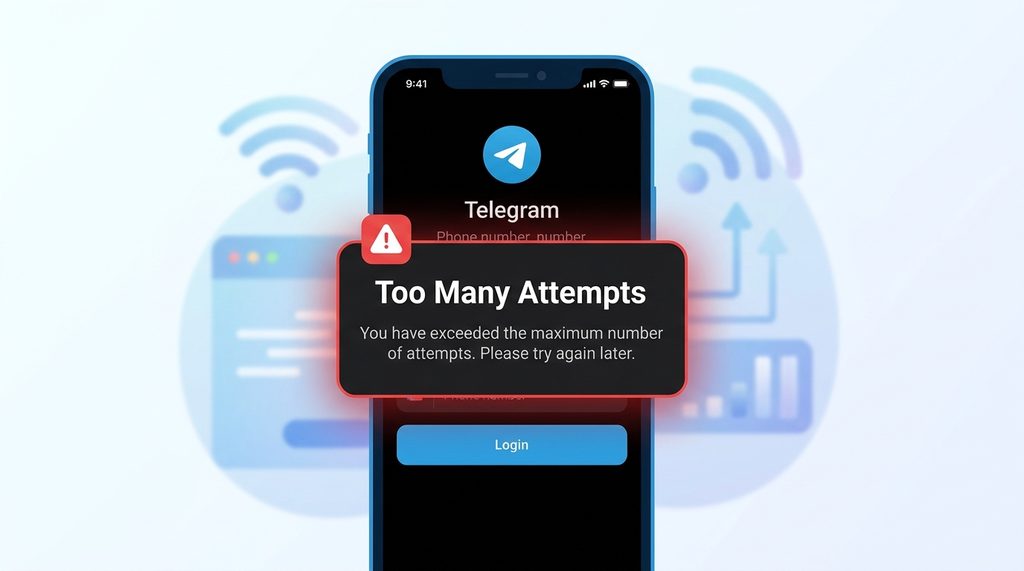 Telegram 登录界面弹出的错误提示框,显示“Too many attempts”,带有醒目的红