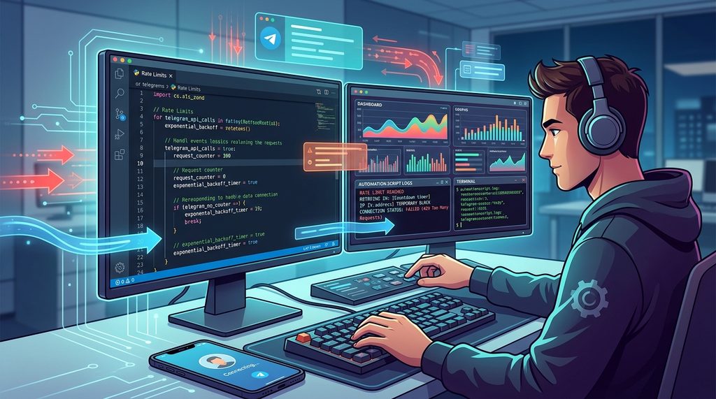 开发者的工作台,显示着代码编辑器和正在运行的自动化脚本后台,界面专业且有科技感