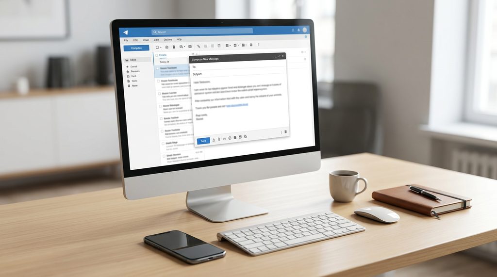 一个整洁的桌面环境，电脑屏幕上显示着邮箱发送界面，旁边放着智能手机，体现办公效率感