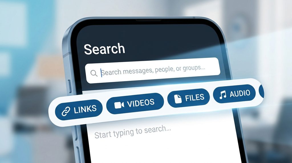 Telegram 手机端搜索界面，展示搜索框下方出现的‘链接’、‘视频’、‘文件’等分类标签，界面简