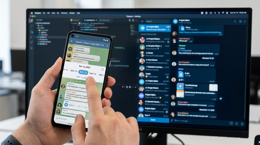 Telegram 聊天窗口的时间轴显示，一只手正在拨动日期滚动条，背景是密集的聊天记录