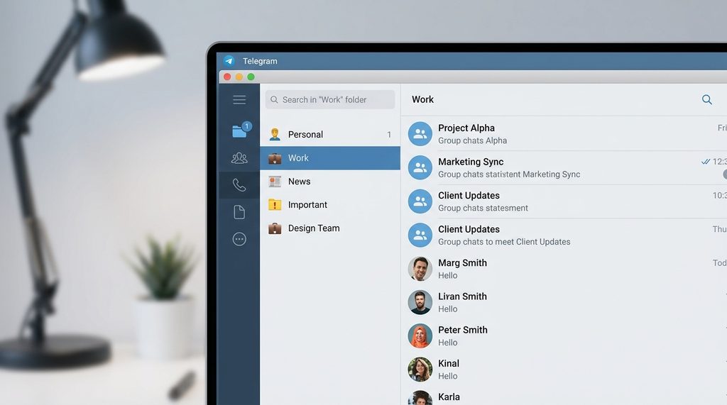 Telegram 电脑版客户端界面，展示文件夹管理设置，右侧列表清晰排列不同的群组分类