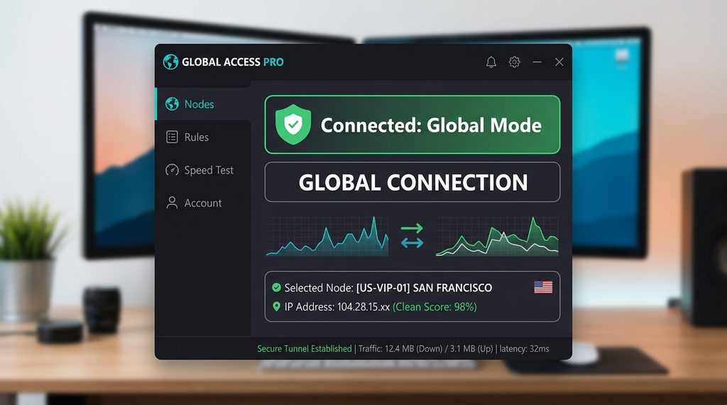 一张简洁的电脑屏幕截图，展示正在运行的代理软件界面，显示“全局连接”选项和连接成功的状态，风格现代专