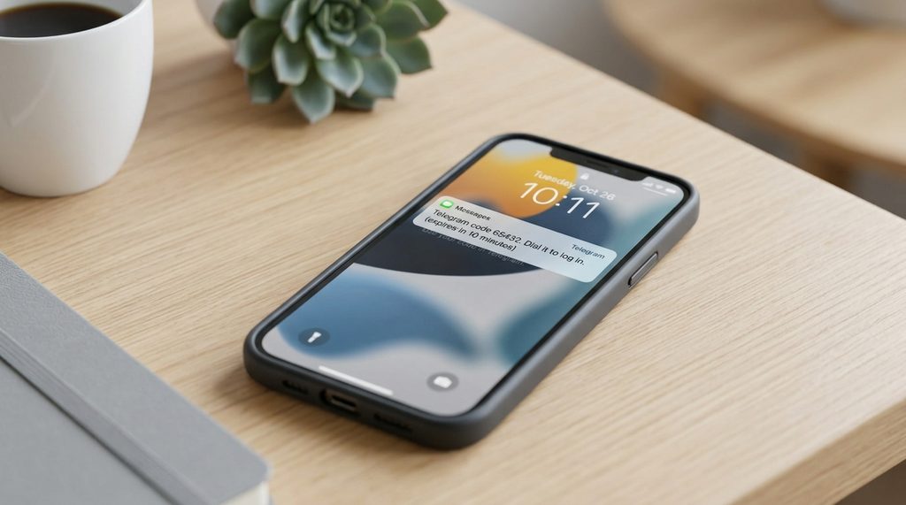一部智能手机的锁屏界面，屏幕上显示着 Telegram 验证码短信的弹出通知，周围环境简洁干净，侧重