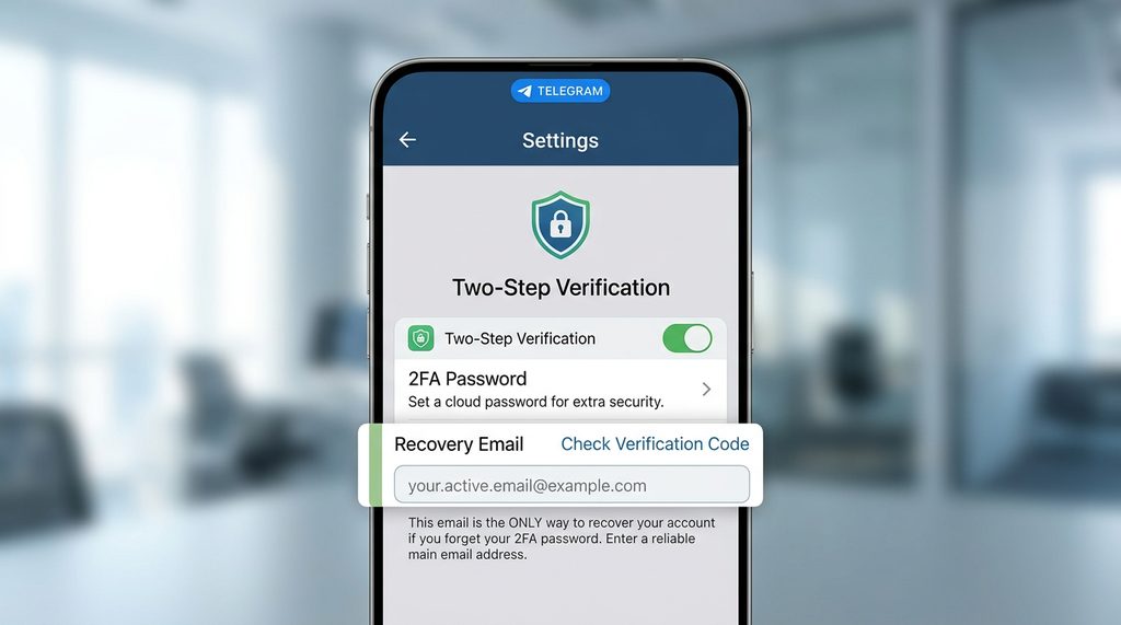一张简洁的手机界面截图,展示Telegram设置页面中“二步验证”与“恢复邮箱”的配置选项,图标风格