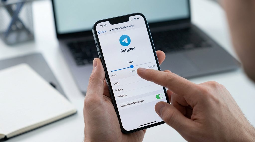 一台智能手机展示 Telegram 的设置界面，手指正在滑动调整“自动删除消息”的时间刻度，背景模糊