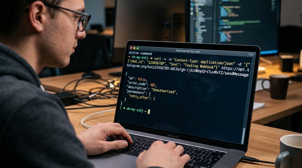 一个开发者在终端输入curl命令测试服务器连接的特写，屏幕上显示JSON报错信息