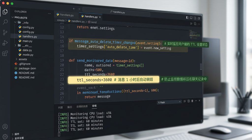代码编辑器界面，高亮显示 Telegram Bot API 中关于消息自毁时间的参数配置，带有简洁的