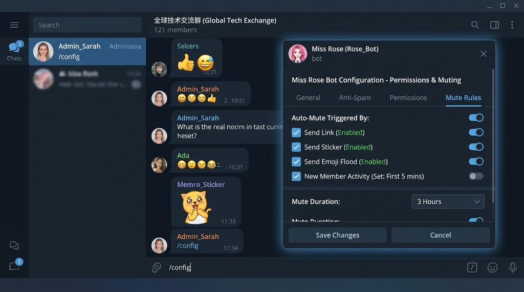 电脑桌面端Telegram，显示聊天窗口中管理员输入指令调出机器人管理面板，界面呈现专业工具感