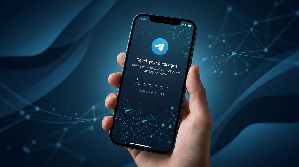 一台智能手机显示Telegram验证码输入界面，背景为简洁的深蓝色科技感线条