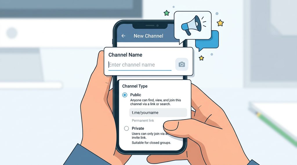 手持手机操作Telegram界面，展示新建频道页面中的“频道名称”与“类型选择”选项，简洁矢量风格